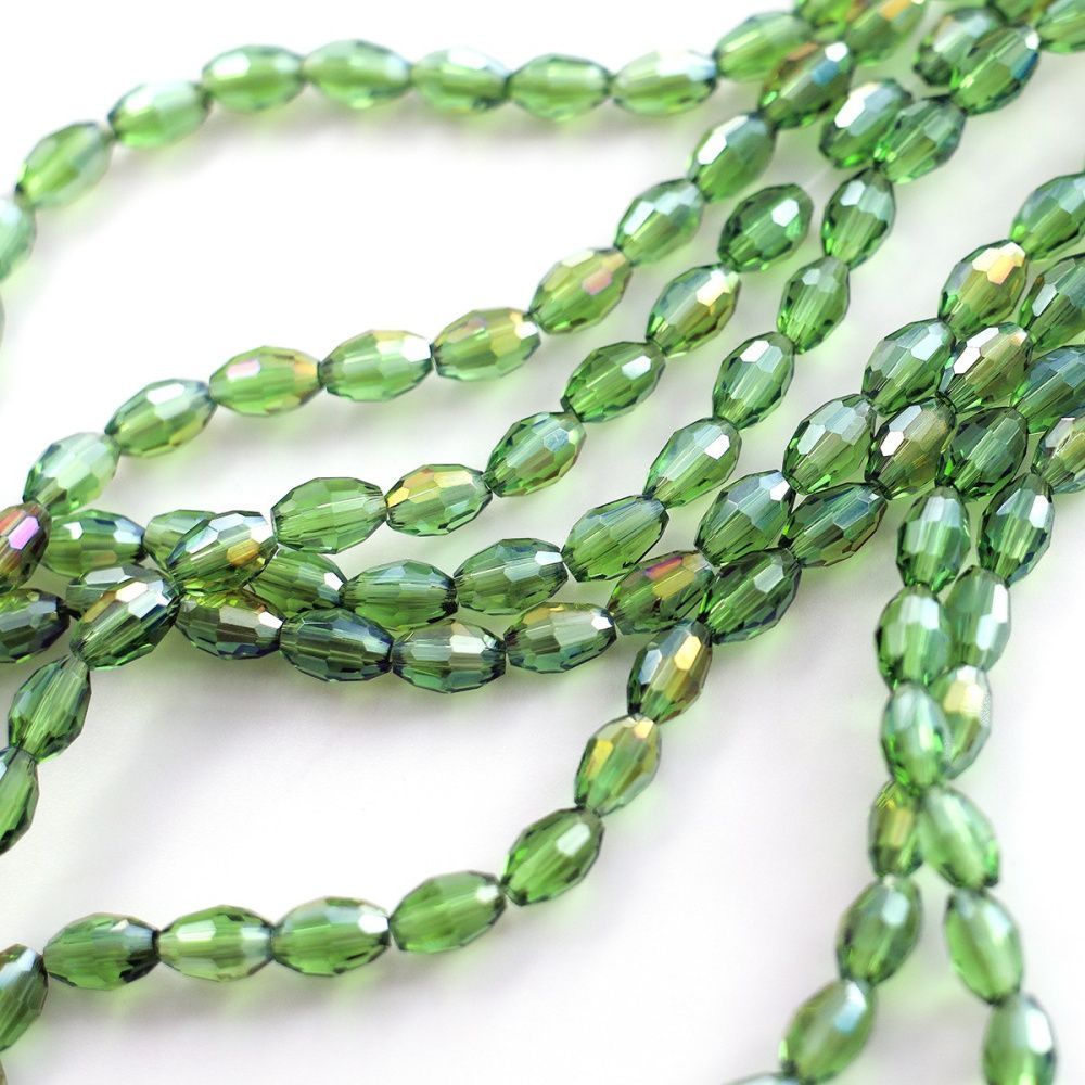 бусина, стекло овальная, граненая, цвет зеленый ав, 6х4 мм