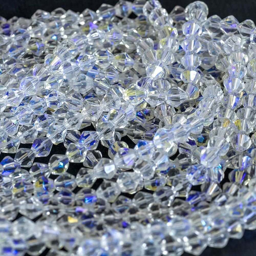 бусина, стекло биконус 6, цвет прозрачный радужный, 6 мм