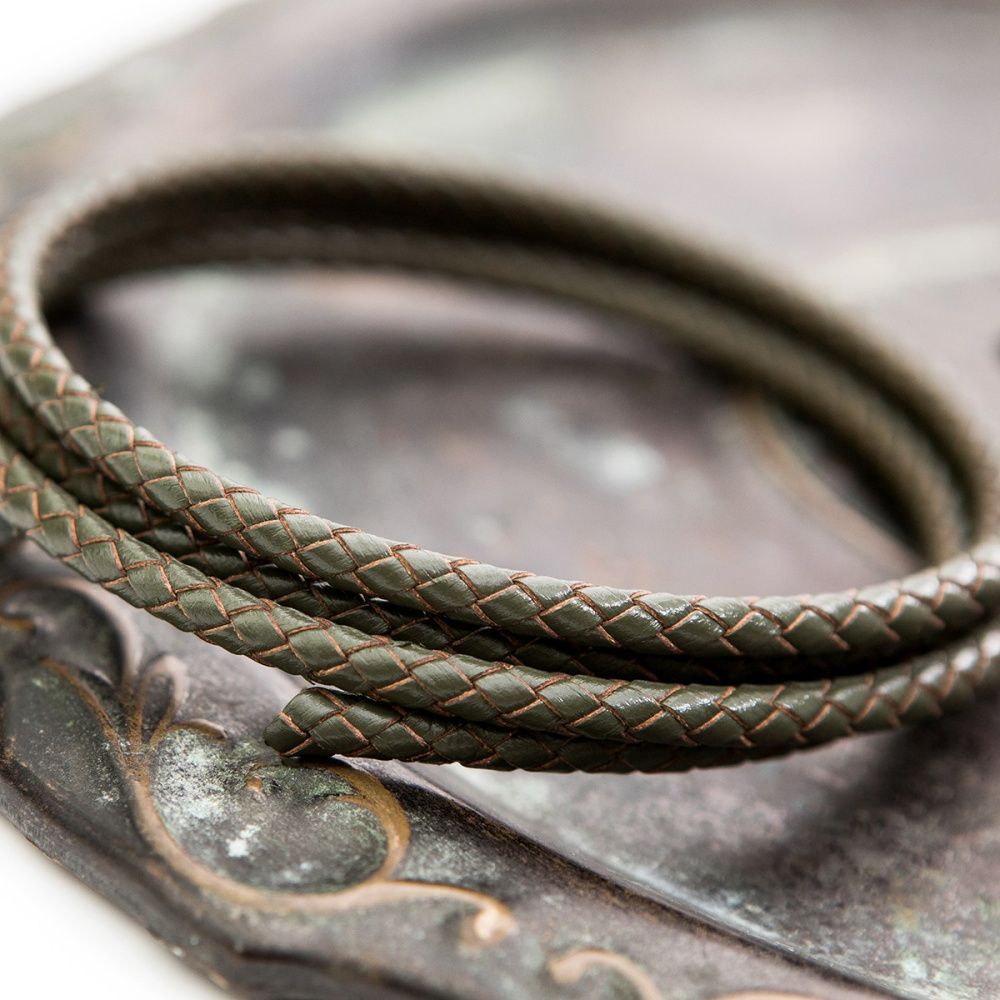 шнур кожаный круглый, плетеный, цвет оливковый темный, диаметр 5 мм