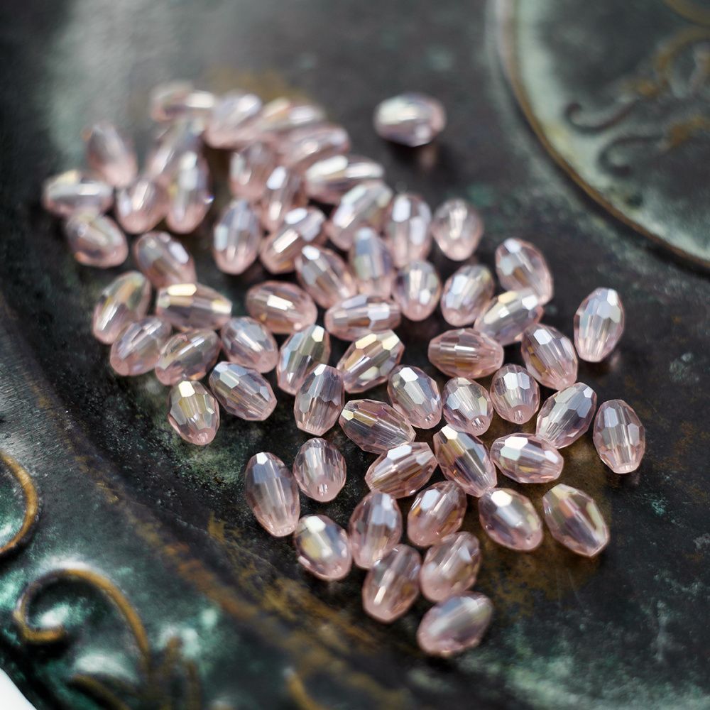 бусина, стекло овальная, граненая, цвет розовый ав, 6х4 мм