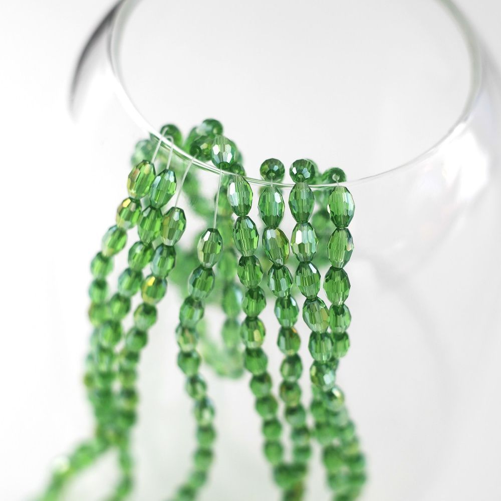 бусина, стекло овальная, граненая, цвет зеленый ав, 6х4 мм