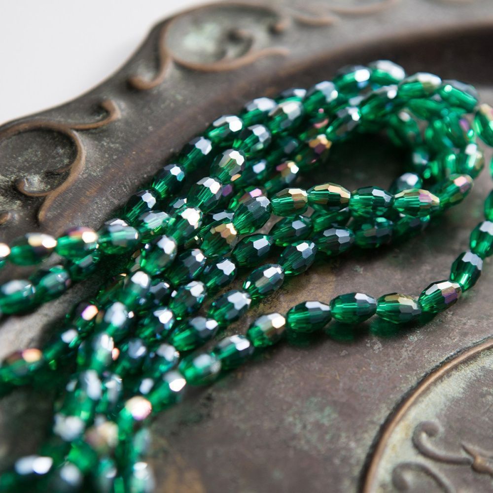 бусина, стекло овальная, граненая, цвет изумрудный ав, 8х6 мм