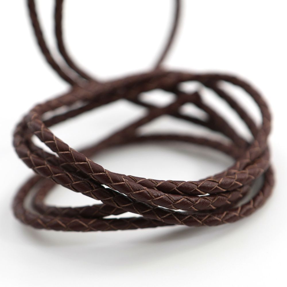 шнур кожаный круглый, плетеный, цвет коричневый, диаметр 3 мм