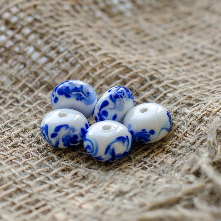 бусина, мурано "гжель", абакус, 15х9 мм
