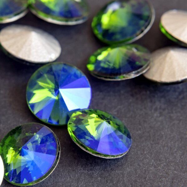 кабошон стекло риволи, цвет сине-зеленый ав, 14х7 мм