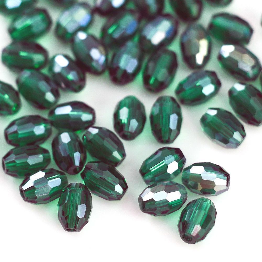 бусина, стекло овальная, граненая, цвет изумрудный ав, 6х4 мм