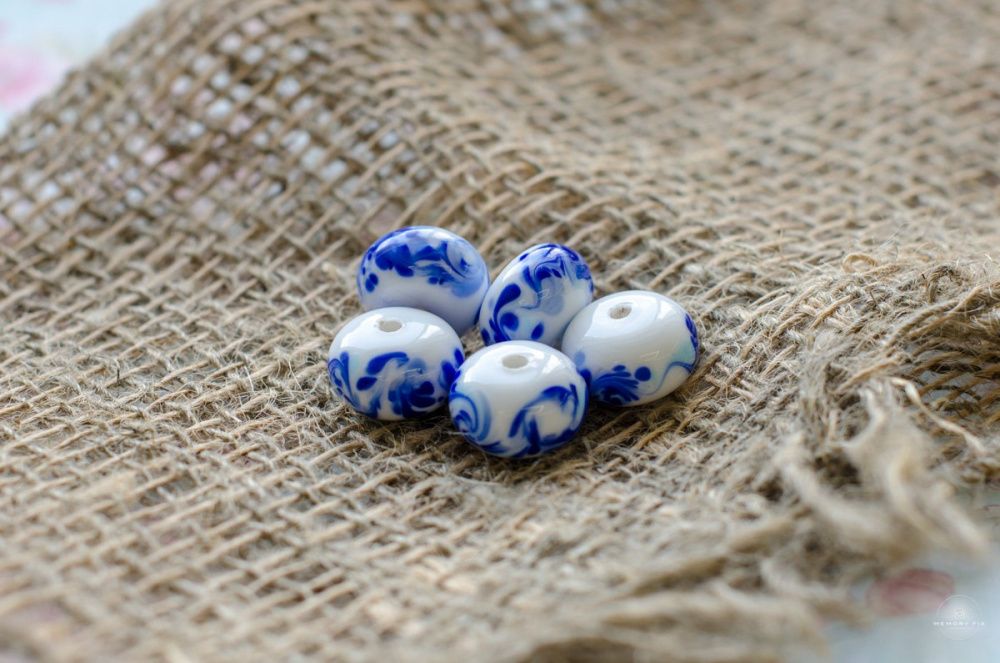 бусина, мурано "гжель", абакус, 15х9 мм