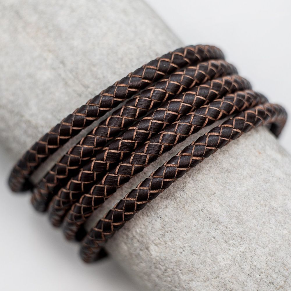 шнур кожаный круглый, плетеный, цвет кофе, диаметр 5 мм
