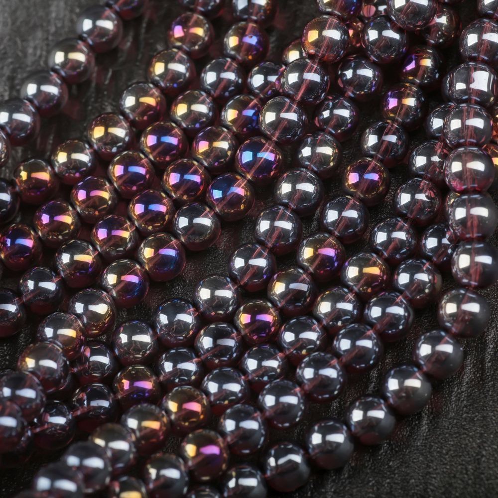 бусина, стекло 8, цвет сливовый радужный, 8 мм
