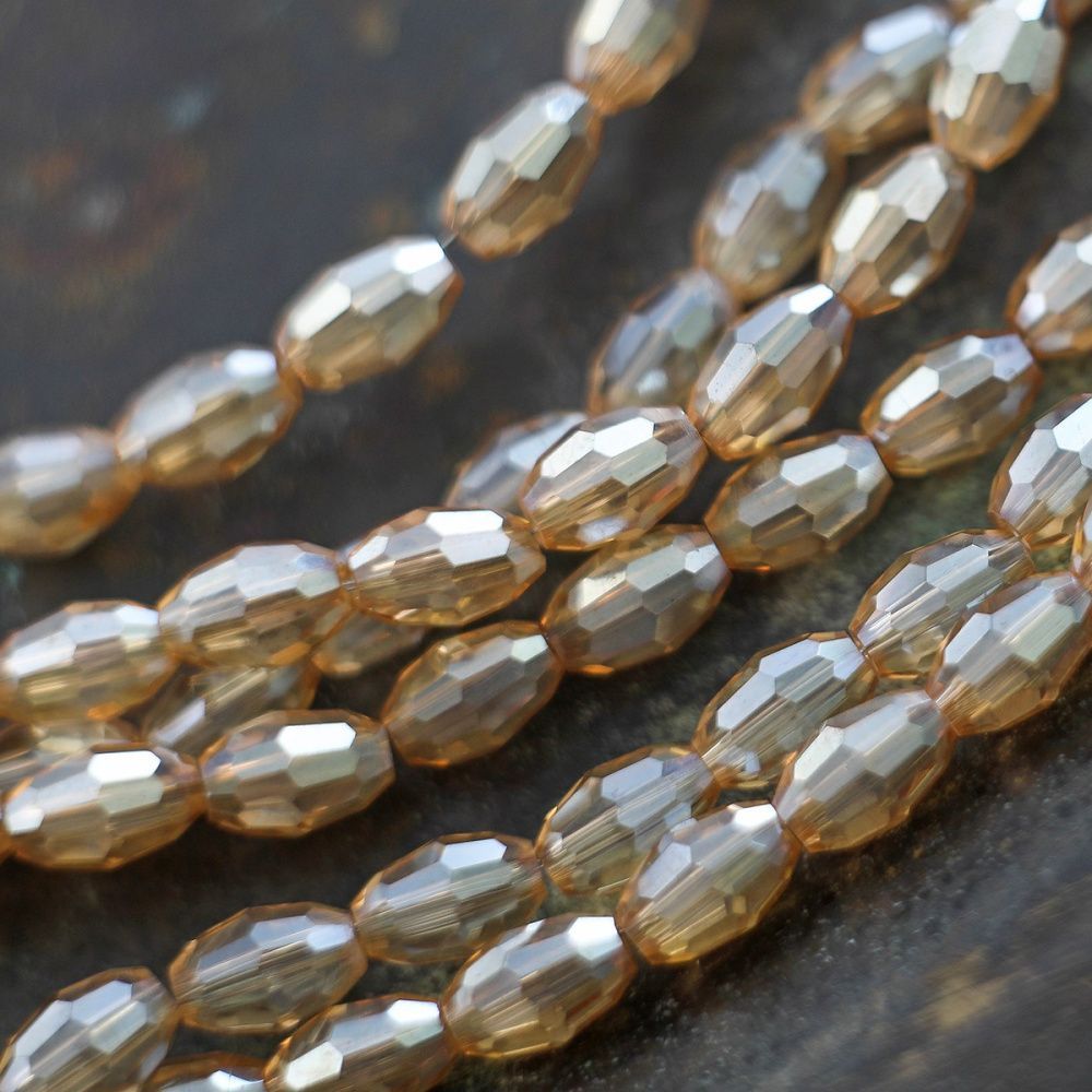 бусина, стекло овальная, граненая, цвет бежевый перламутровый, 6х4 мм