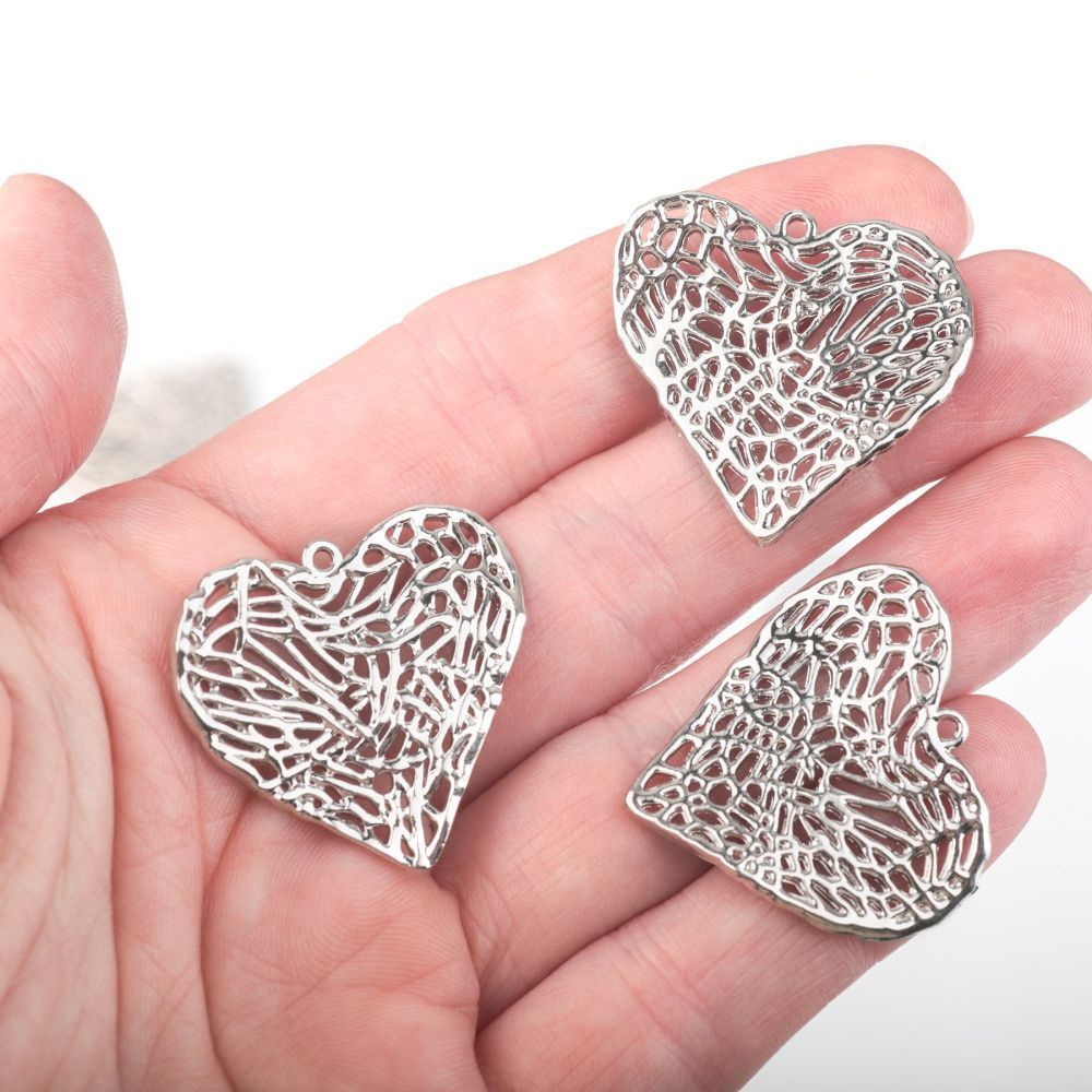 подвеска металл "сердце-сеть", цвет платина, 27x28.5x3 мм