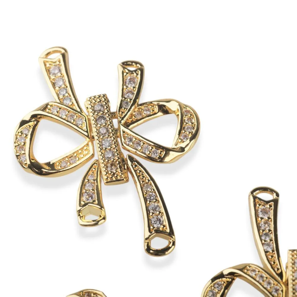 замок для украшений "бант", позолота/циркон, 27x25x5 мм