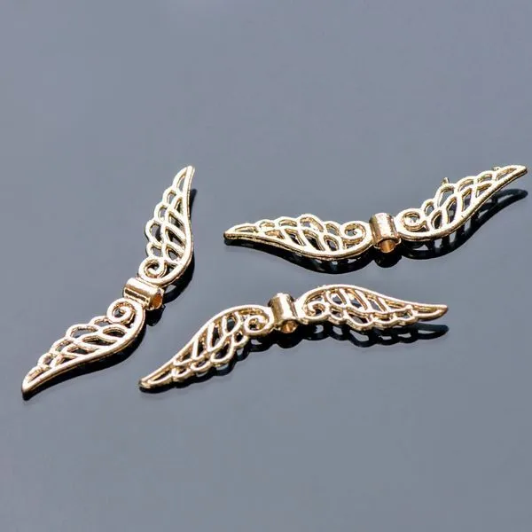 бусина, металл "крылья", позолота, 32x7x2.5 мм