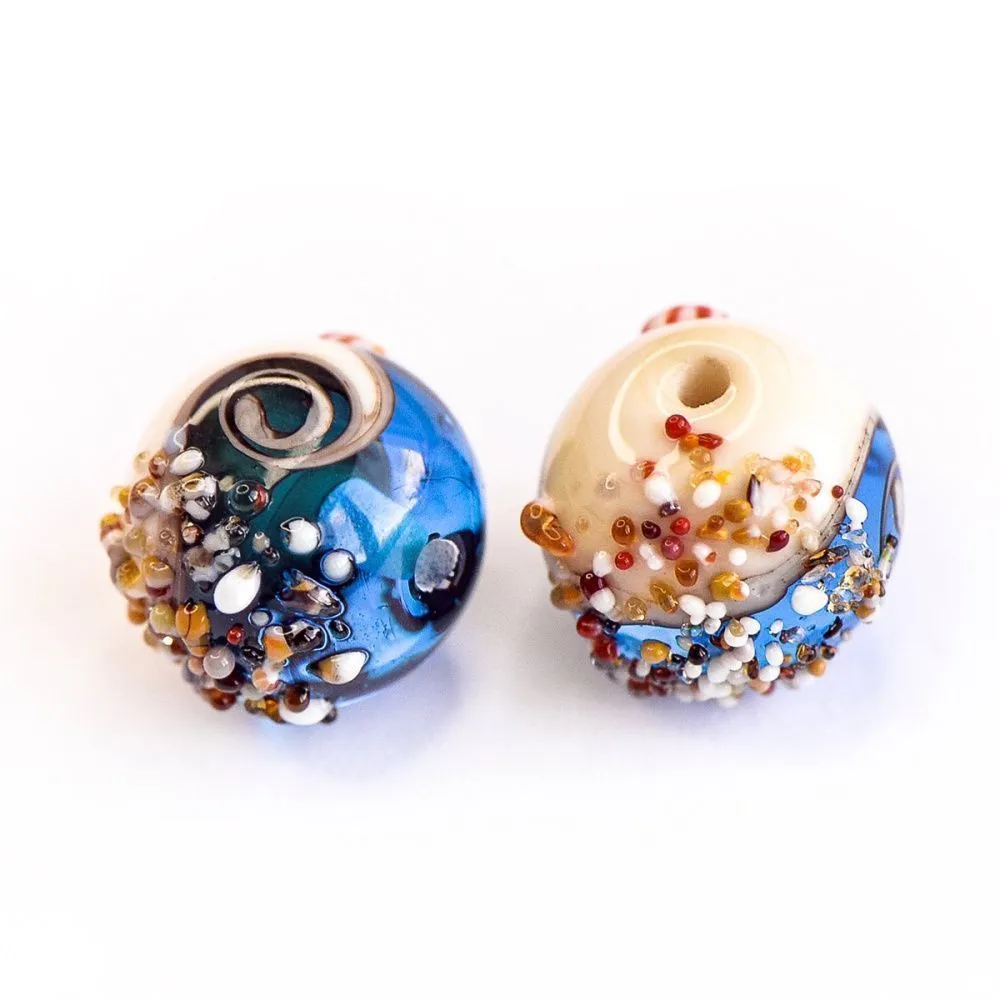 бусина, мурано "пляж синий", круглая,13x11 мм