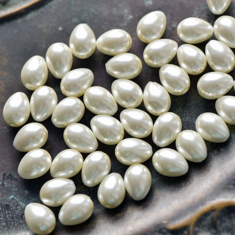 бусина, имитация жемчуга "капля", стекло, цвет молочный, 9х7 мм