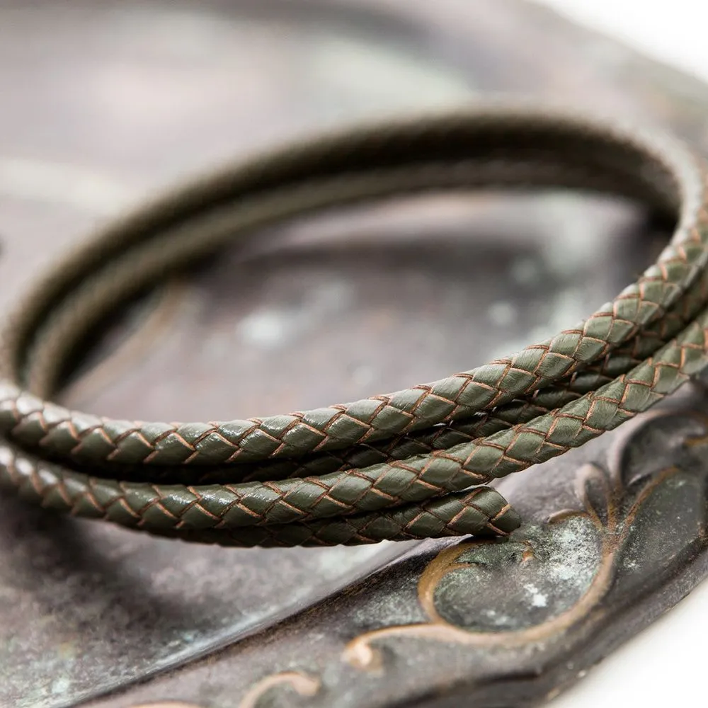 шнур кожаный круглый, плетеный, цвет оливковый темный, диаметр 5 мм