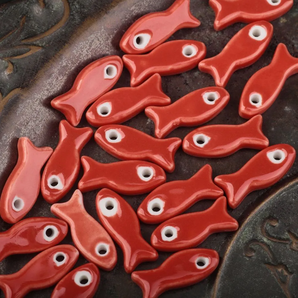 бусина, керамика "рыба", цвет красный, 24-25x10x6 мм