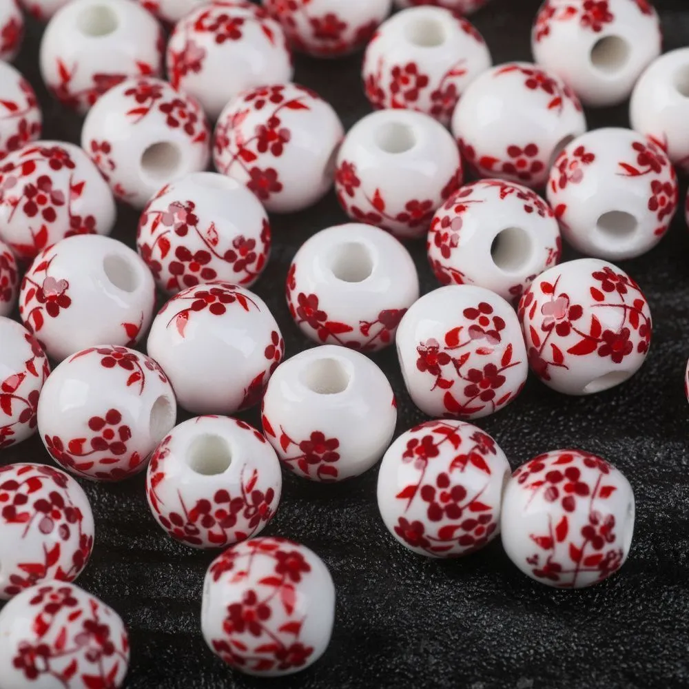 бусина, керамика "сакура", цвет белый/темно-красный, 8 мм
