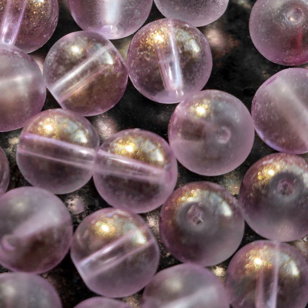 бусина, стекло матовая/золотая пудра, цвет сиреневый, 8 мм