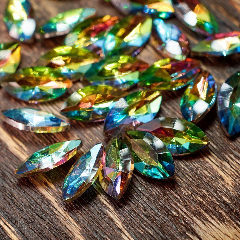 кабошон стекло кристалл, navette, цвет rainbow, 18х9 мм
