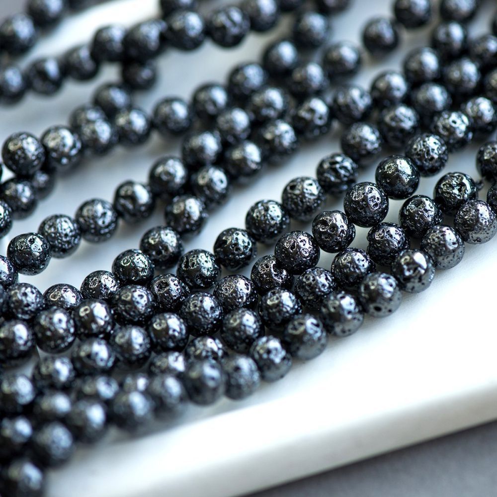 бусина лава натуральная 6, цвет черный металлик, 6 мм