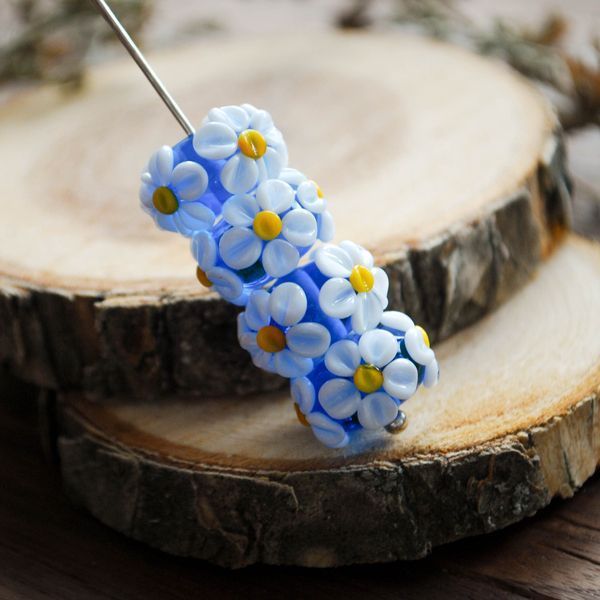 бусина, мурано "ромашка на голубом", абакус,16х8 мм