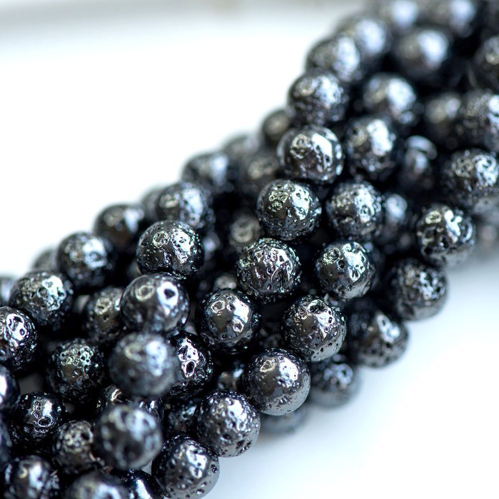 бусина лава натуральная 6, цвет черный металлик, 6 мм
