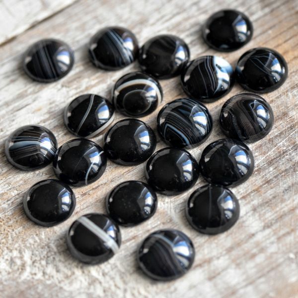 кабошон агат ботсвана круглый, цвет черный полосатый, 16x6 мм