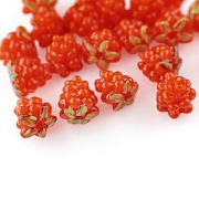 Бусина, Лэмпворк "Малинка с листиками", стекло, цвет оранжевый, 12.5x12.5 мм