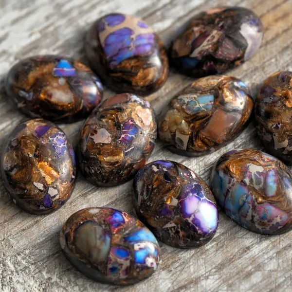 кабошон им. варисцита, овальный, цвет медный/сиреневый, 25x18x7 мм