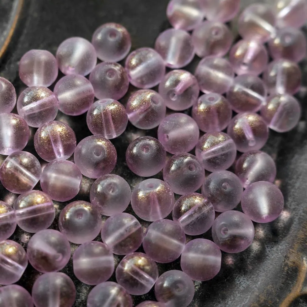 бусина, стекло матовая/золотая пудра, цвет сиреневый, 8 мм