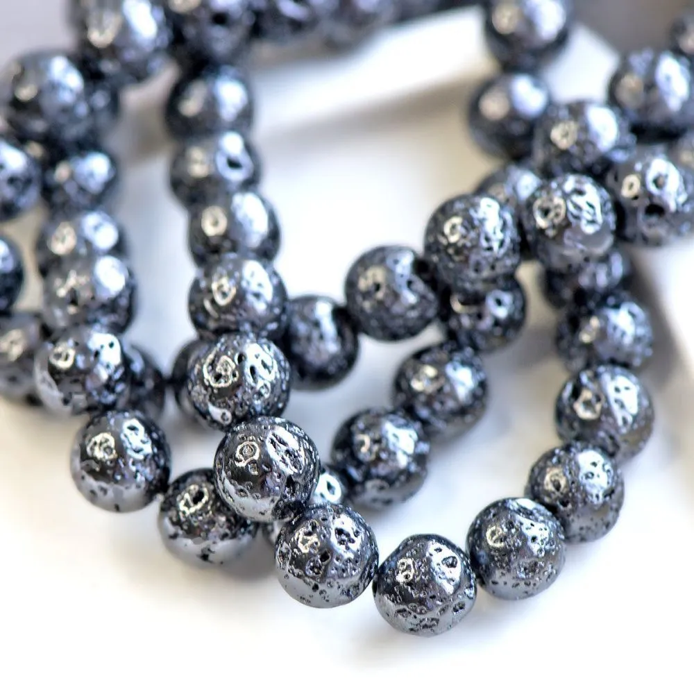 бусина лава натуральная 8, цвет черный металлик, 8 мм