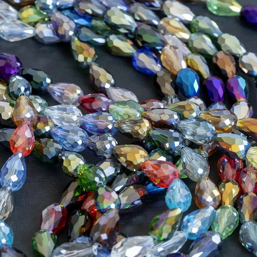 бусина "капля", граненая, стекло, цветовой микс, 15х10 мм