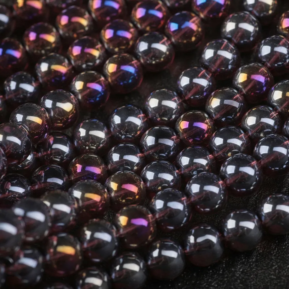 бусина, стекло 8, цвет сливовый радужный, 8 мм