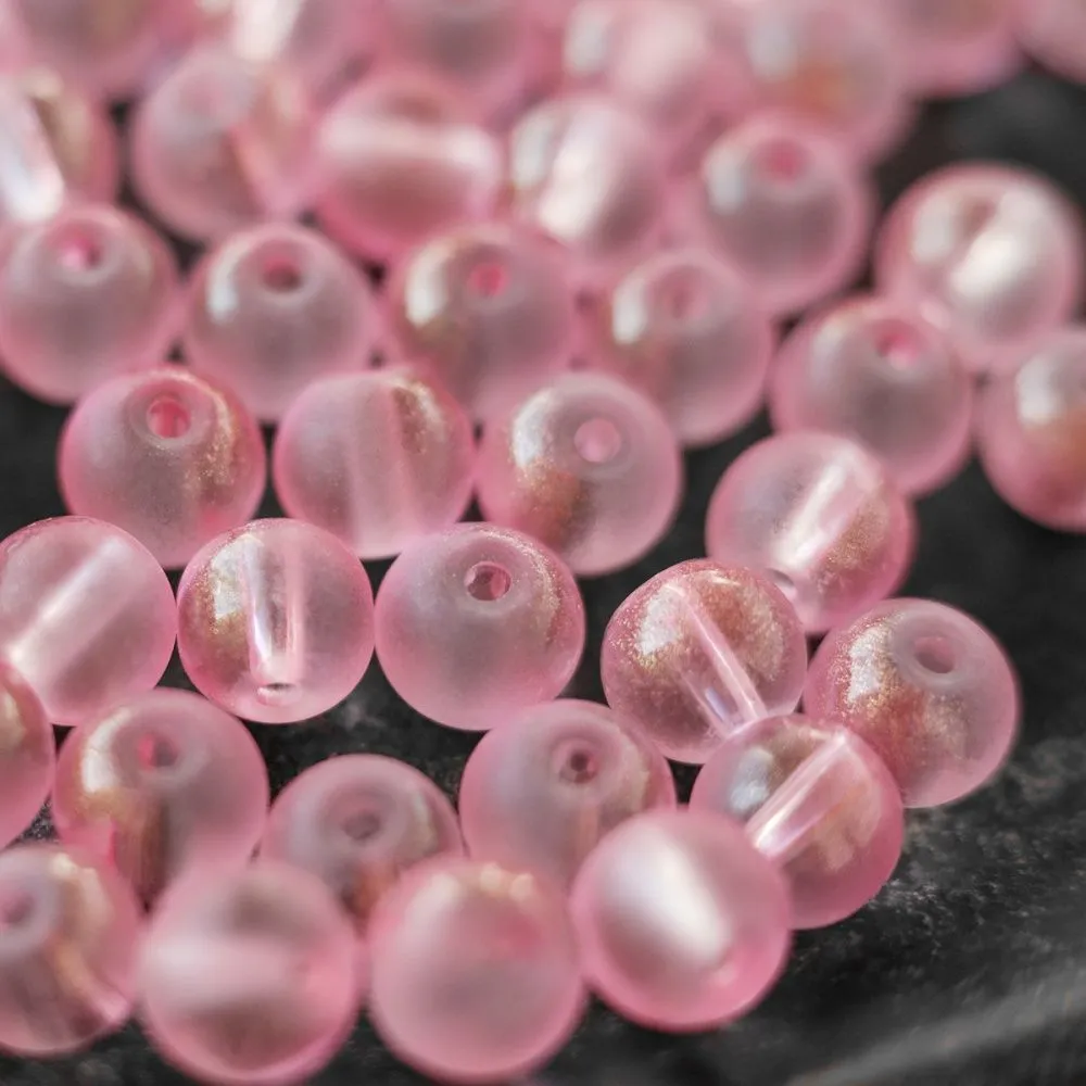 бусина, стекло матовая/золотая пудра, цвет розовый, 8 мм