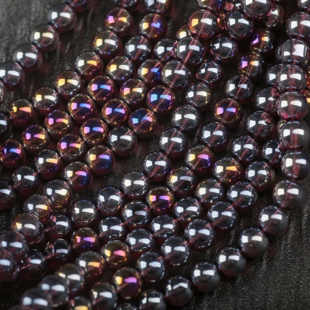 бусина, стекло 8, цвет сливовый радужный, 8 мм