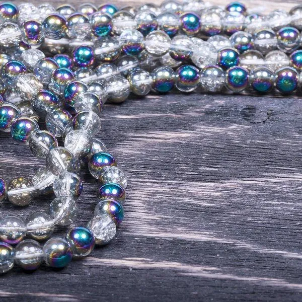 бусина, стекло "кракле", цвет прозрачный/бензиновый, 6 мм