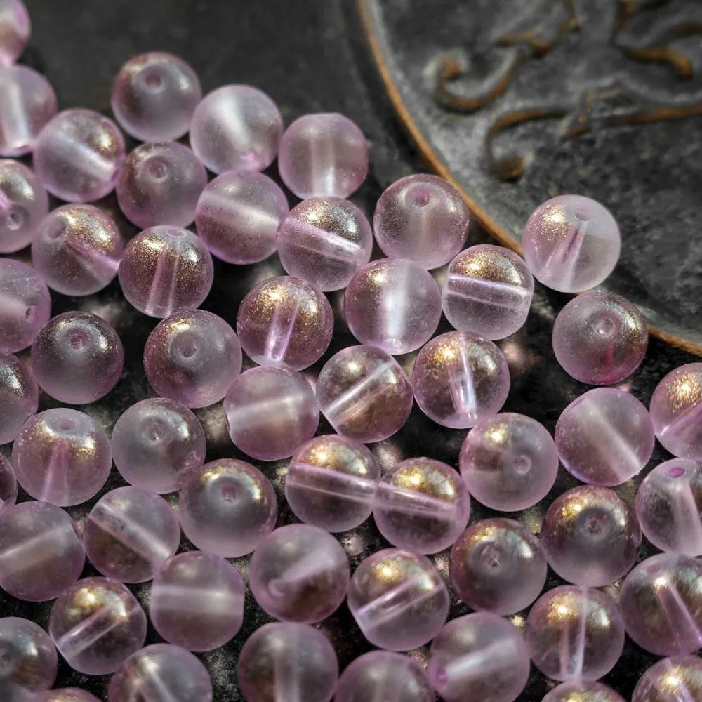 бусина, стекло матовая/золотая пудра, цвет сиреневый, 8 мм