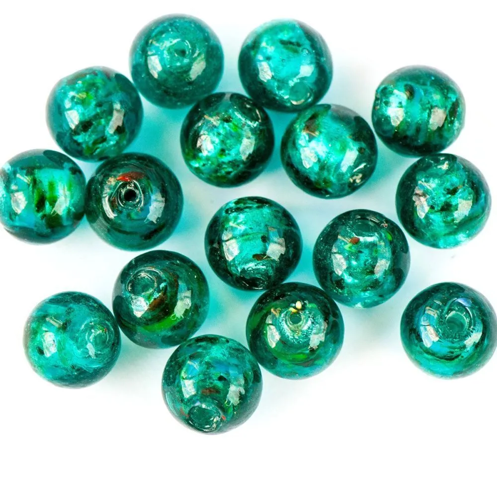 бусина, стекло с фольгой,  цвет бирюзовый, 12 мм