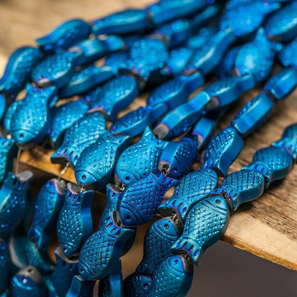 бусина "рыбка", стекло, цвет синий металлик матовый, 15х8х5 мм