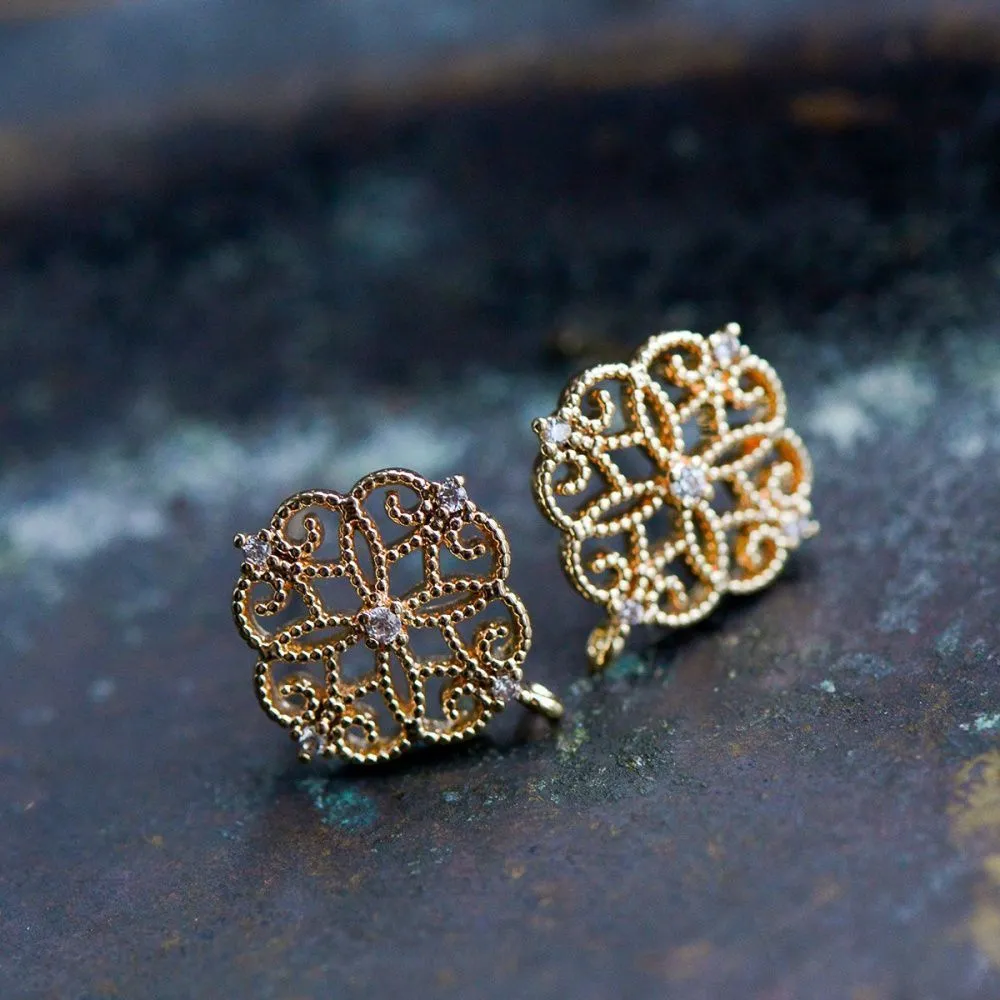 пуссеты "виньет", с цирконием, позолоченные, 13x12 мм 